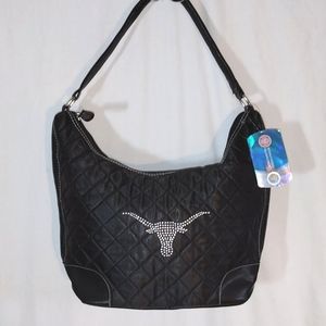 Texas Longhorns Quilted Handbag Purse Black Satin Rhinestones Vinyl Trim